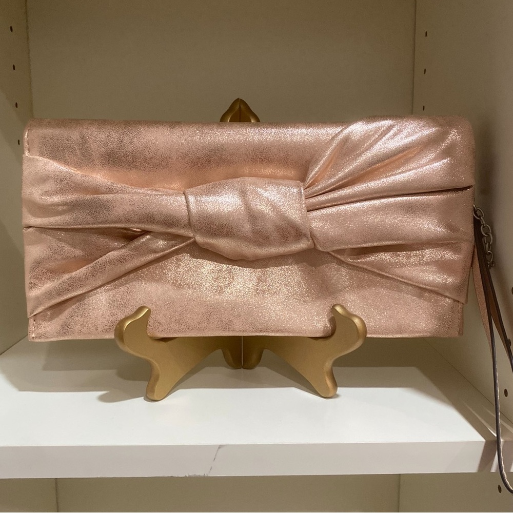 Gold Clutch with Bow Detail Leather shimmer Finish